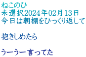 ねこのひ 未選択2024年02月13日 今日は朝棚をひっくり返して  抱きしめたら  うーうー言ってた